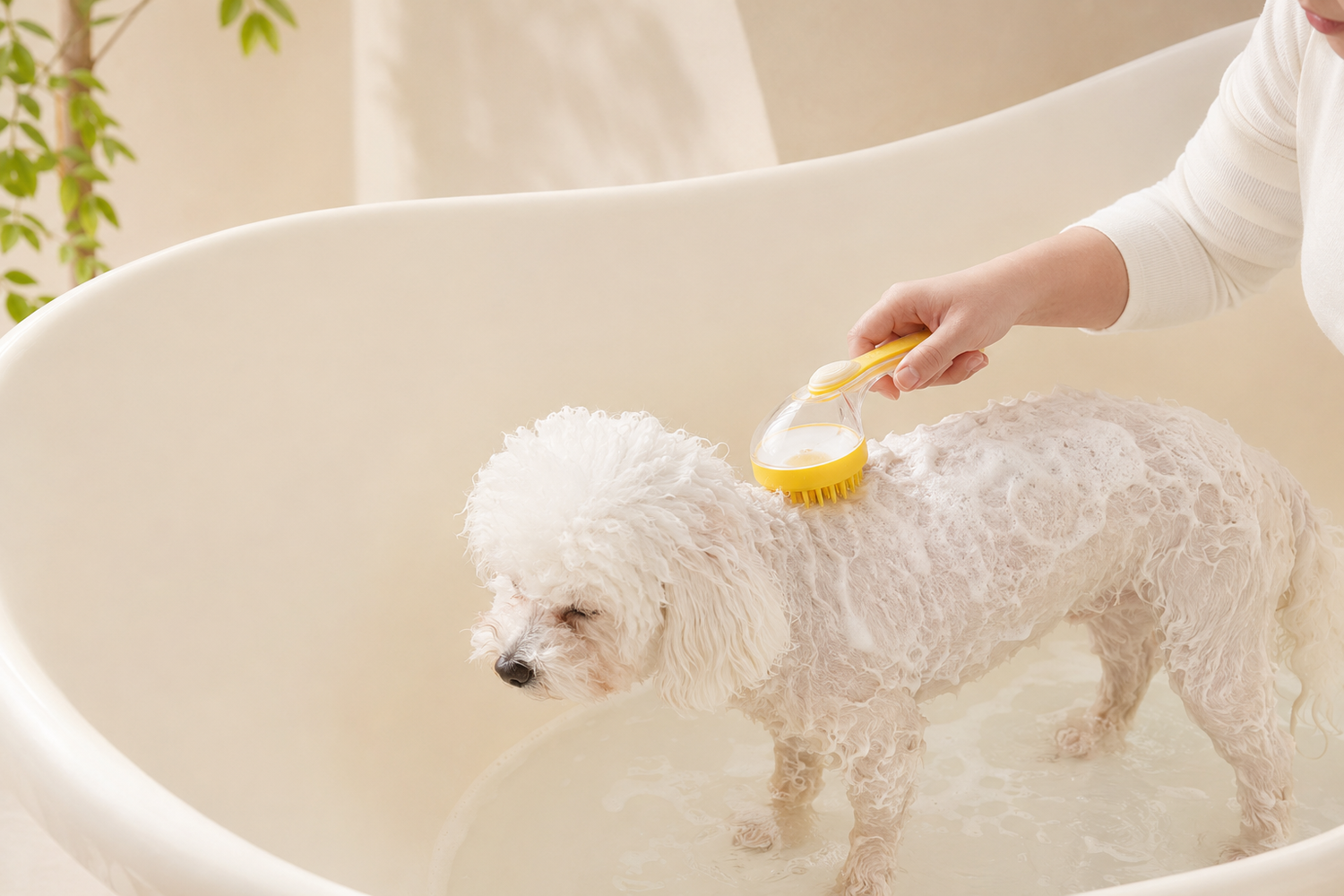 FoamyPaw bath brush used gently while bathing a dog