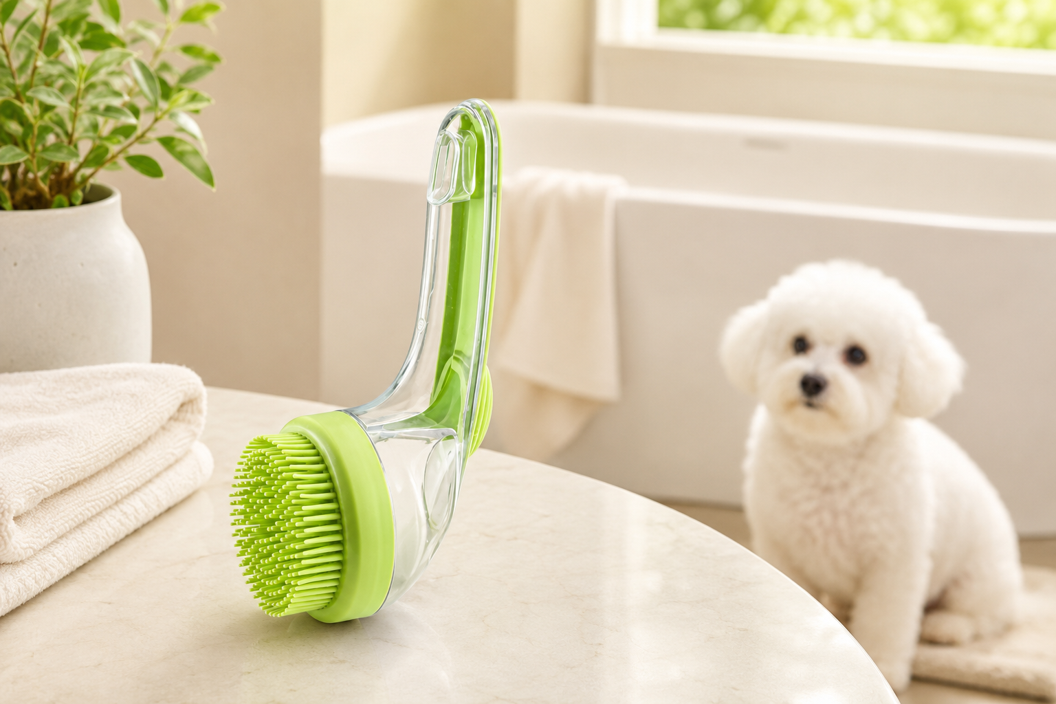 FoamyPaw brush prepared beside a dog before bath time