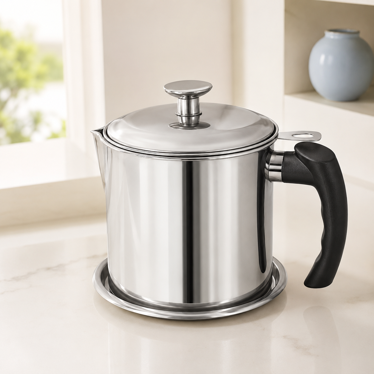 Closed stainless steel oil pot stored neatly on a clean kitchen counter