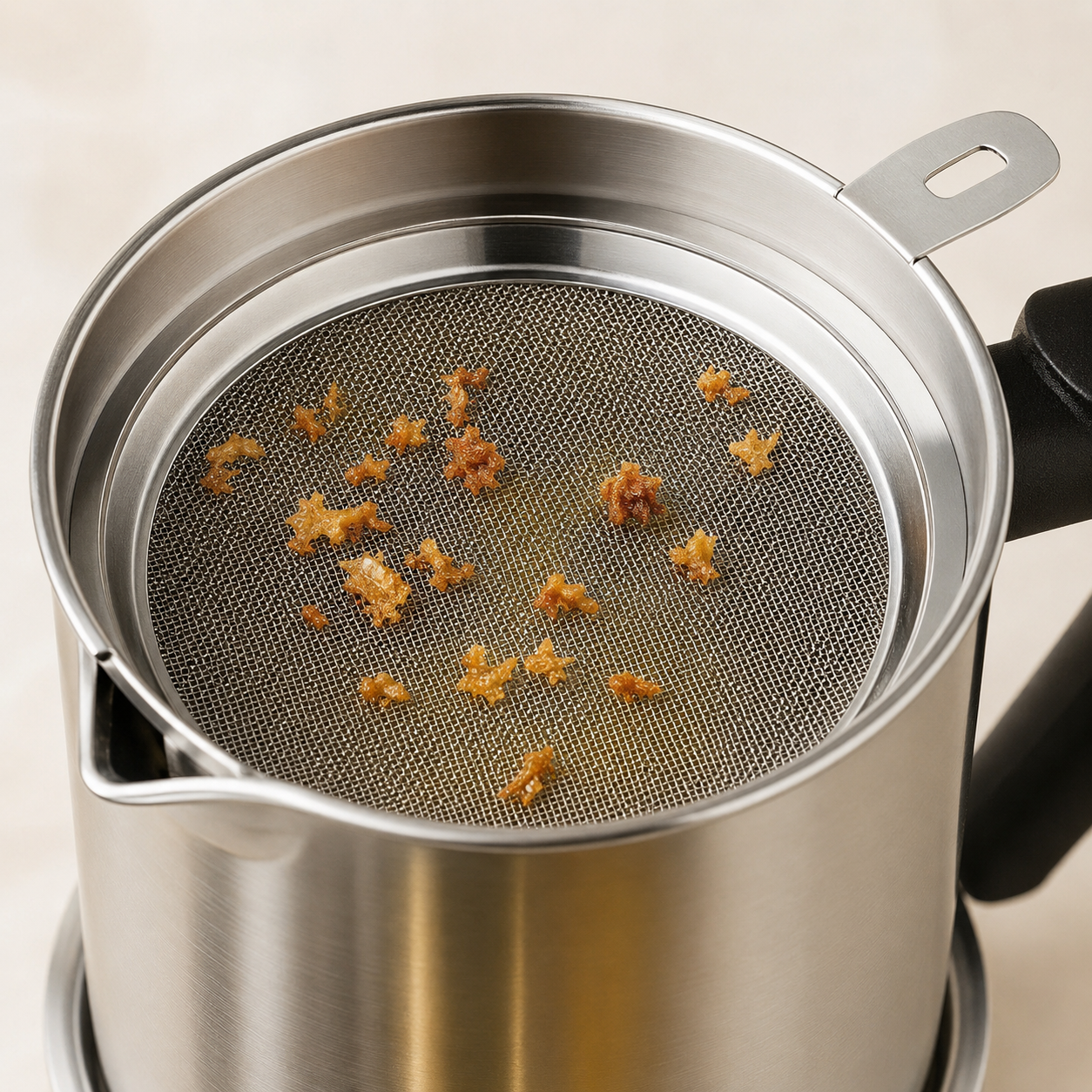 Close-up of fine mesh strainer catching fried crumbs above the oil pot