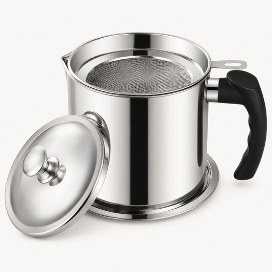 Pione CleanPour stainless steel oil filter pot with mesh, lid and base tray