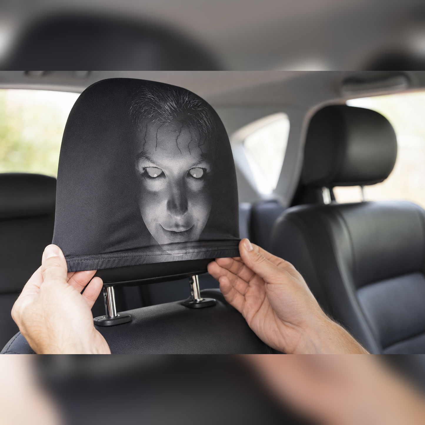 Hands stretching a Pione ScareSeat black horror face headrest cover over a standard car headrest