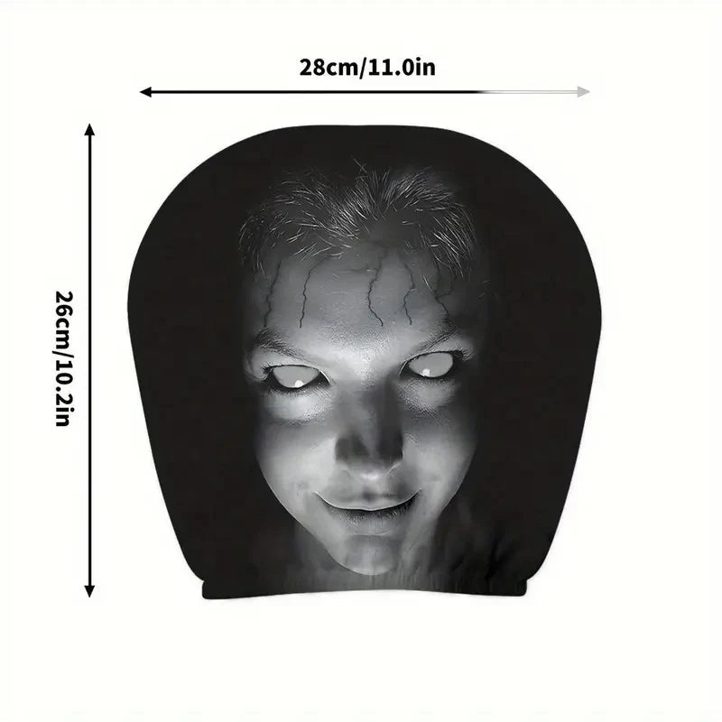 Horror face car headrest cover supplier size reference showing approximately 28 by 26 centimeters